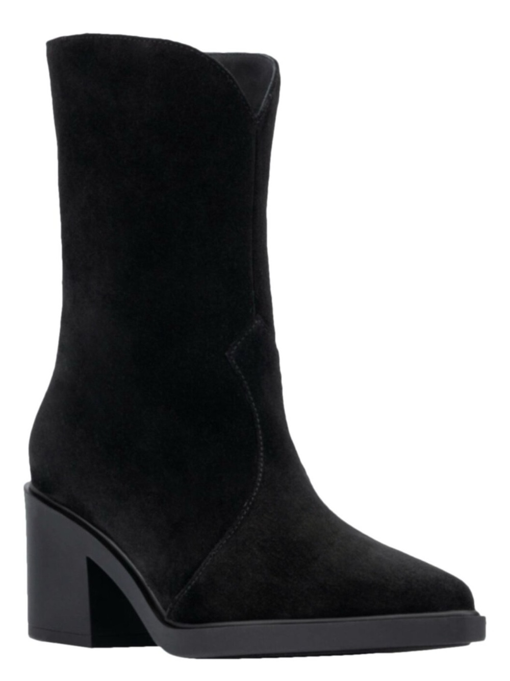 Aquatalia Black Suede Mid-Calf Sculpted Block Heel Boots